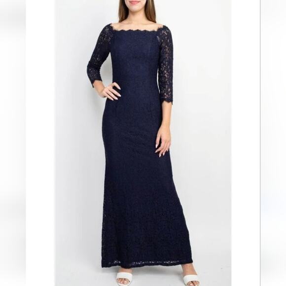 ADRIANNA PAPELL Navy Blue Floral Lace 3/4 Sleeve Evening Gown Maxi Dress Size 4 - Picture 1 of 13
